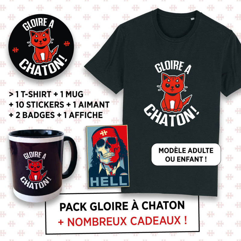 Pack "Gloire à Chaton !" (t-shirt, mug, sticker, badges, magnet)