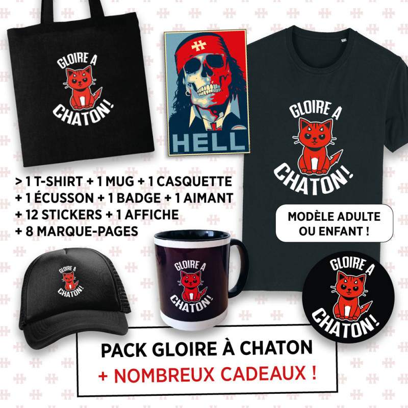 Pack "Gloire à Chaton !" (t-shirt, casquette, mug, écusson...)